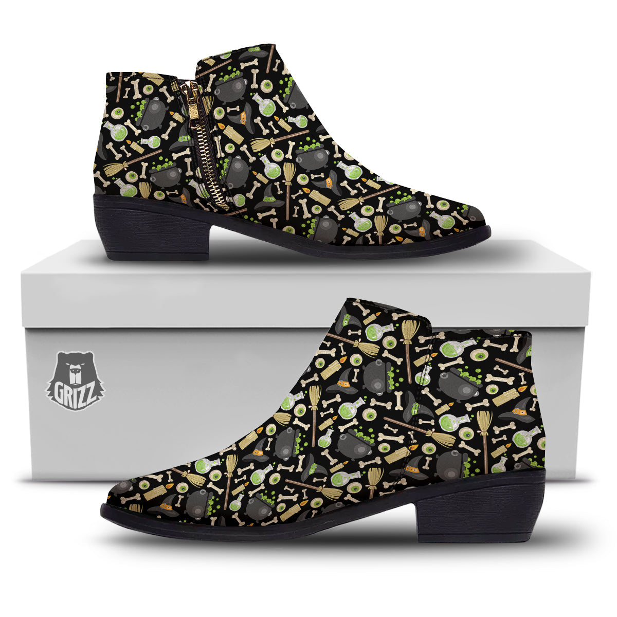 Witch Cauldron Green Print Pattern Ankle Boots-grizzshop