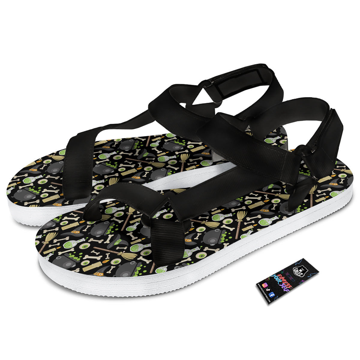 Witch Cauldron Green Print Pattern Black Open Toe Sandals-grizzshop