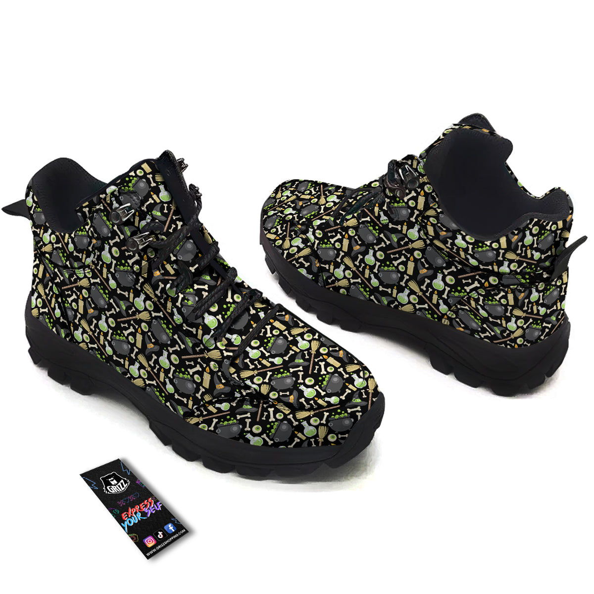 Witch Cauldron Green Print Pattern Hiking Shoes-grizzshop