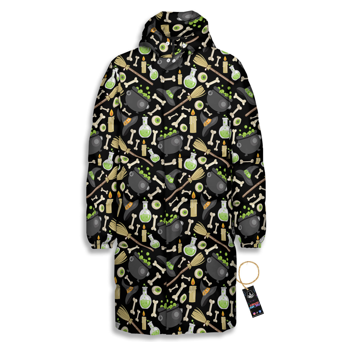 Witch Cauldron Green Print Pattern Long Down Jacket-grizzshop