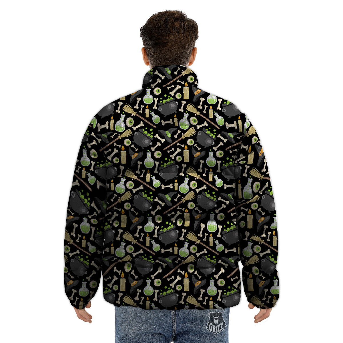 Witch Cauldron Green Print Pattern Puffer Jacket-grizzshop