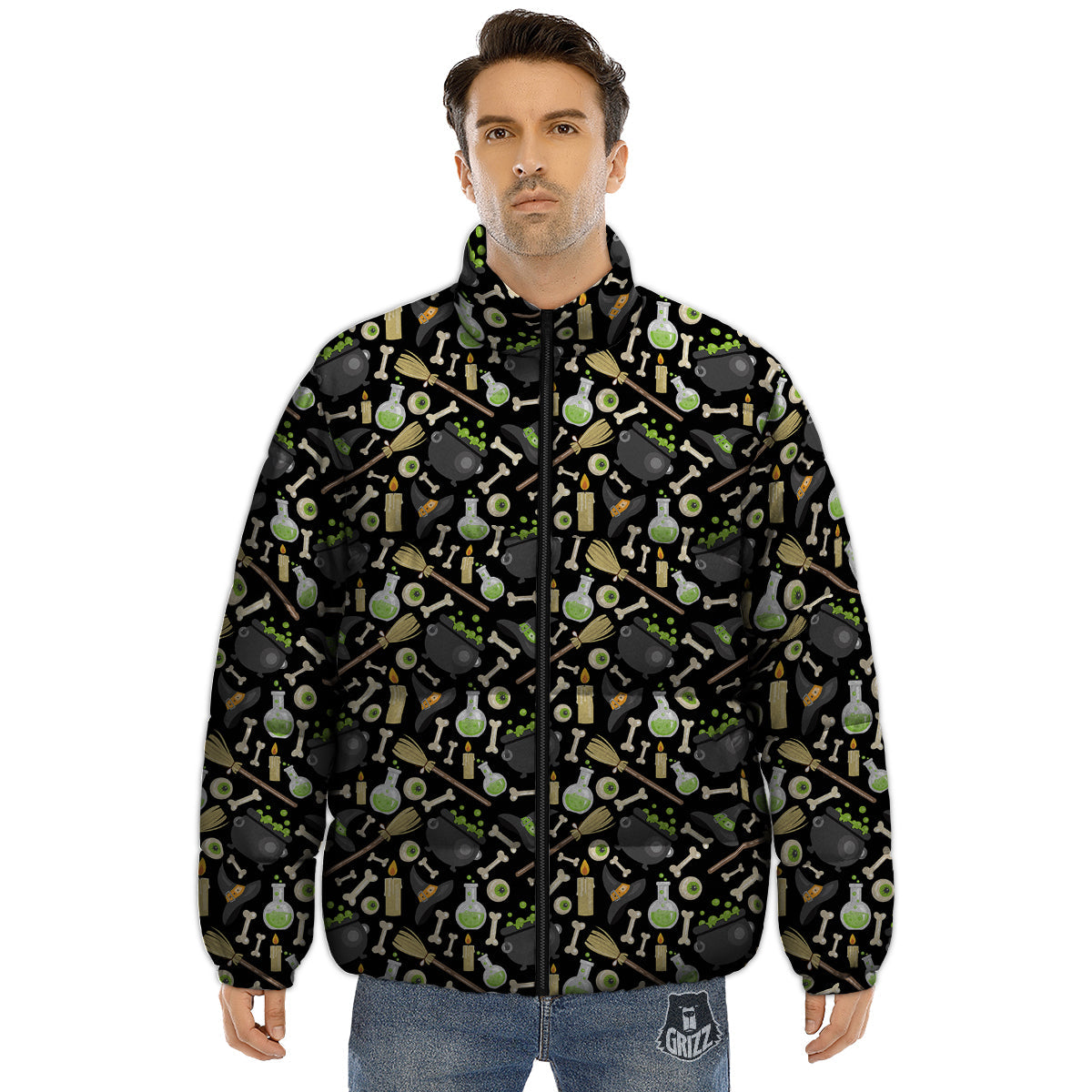 Witch Cauldron Green Print Pattern Puffer Jacket-grizzshop