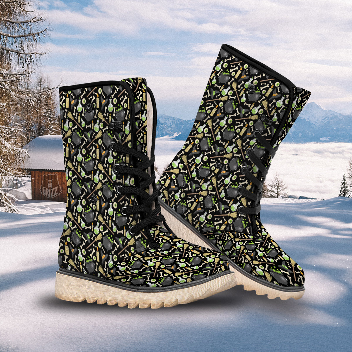 Witch Cauldron Green Print Pattern Snow Boots-grizzshop