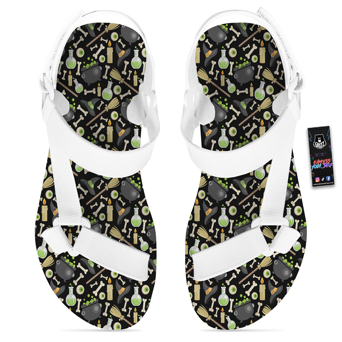 Witch Cauldron Green Print Pattern White Open Toe Sandals-grizzshop