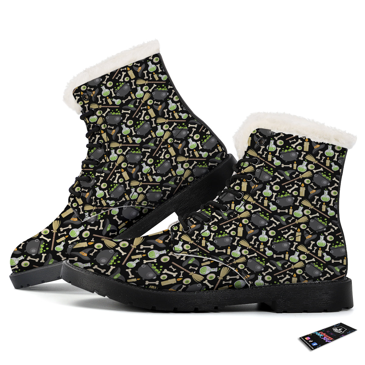 Witch Cauldron Green Print Pattern Winter Boots-grizzshop