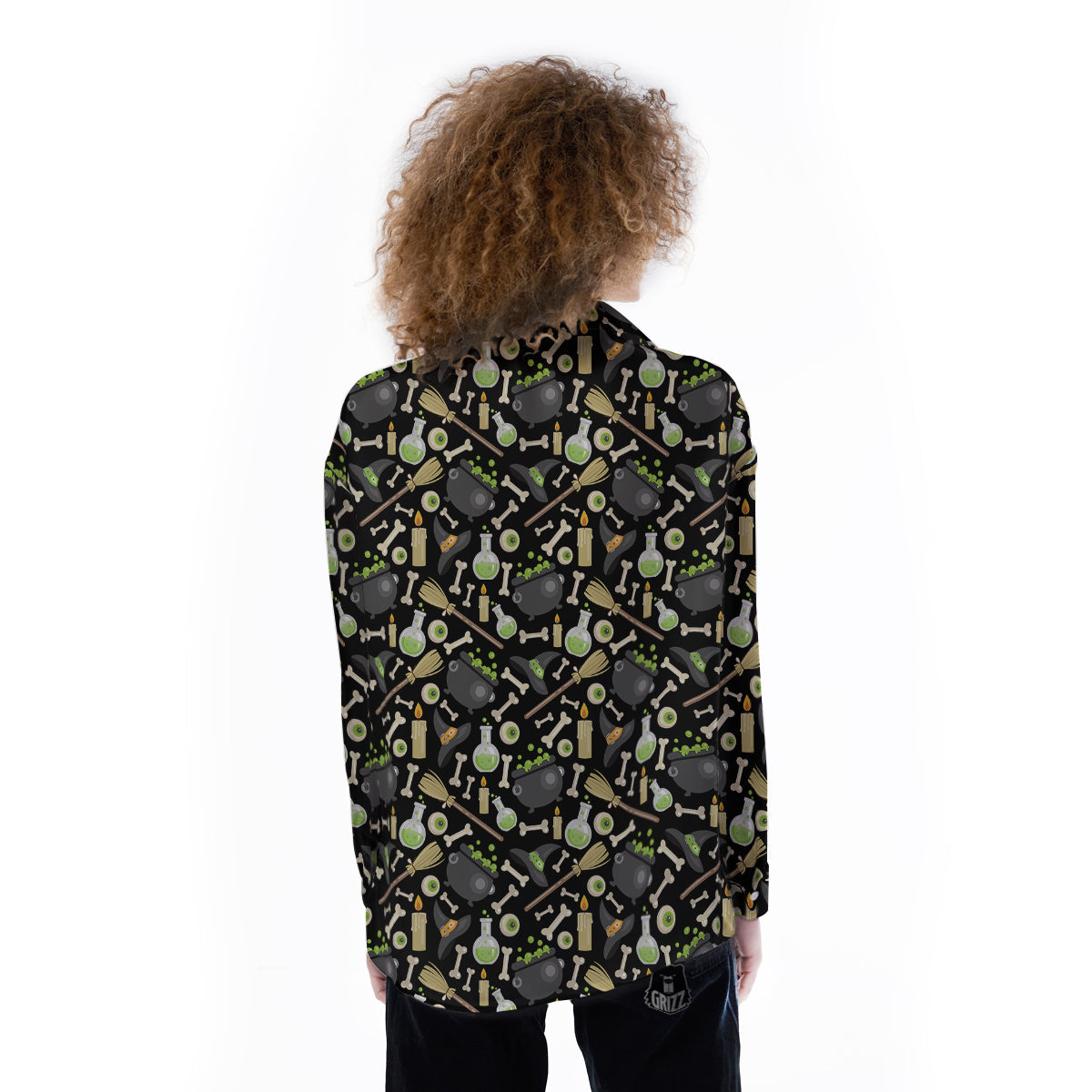 Witch Cauldron Green Print Pattern Women's Long Sleeve Shirts-grizzshop