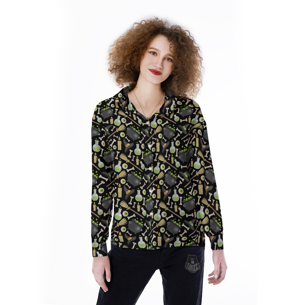 Witch Cauldron Green Print Pattern Women's Long Sleeve Shirts-grizzshop