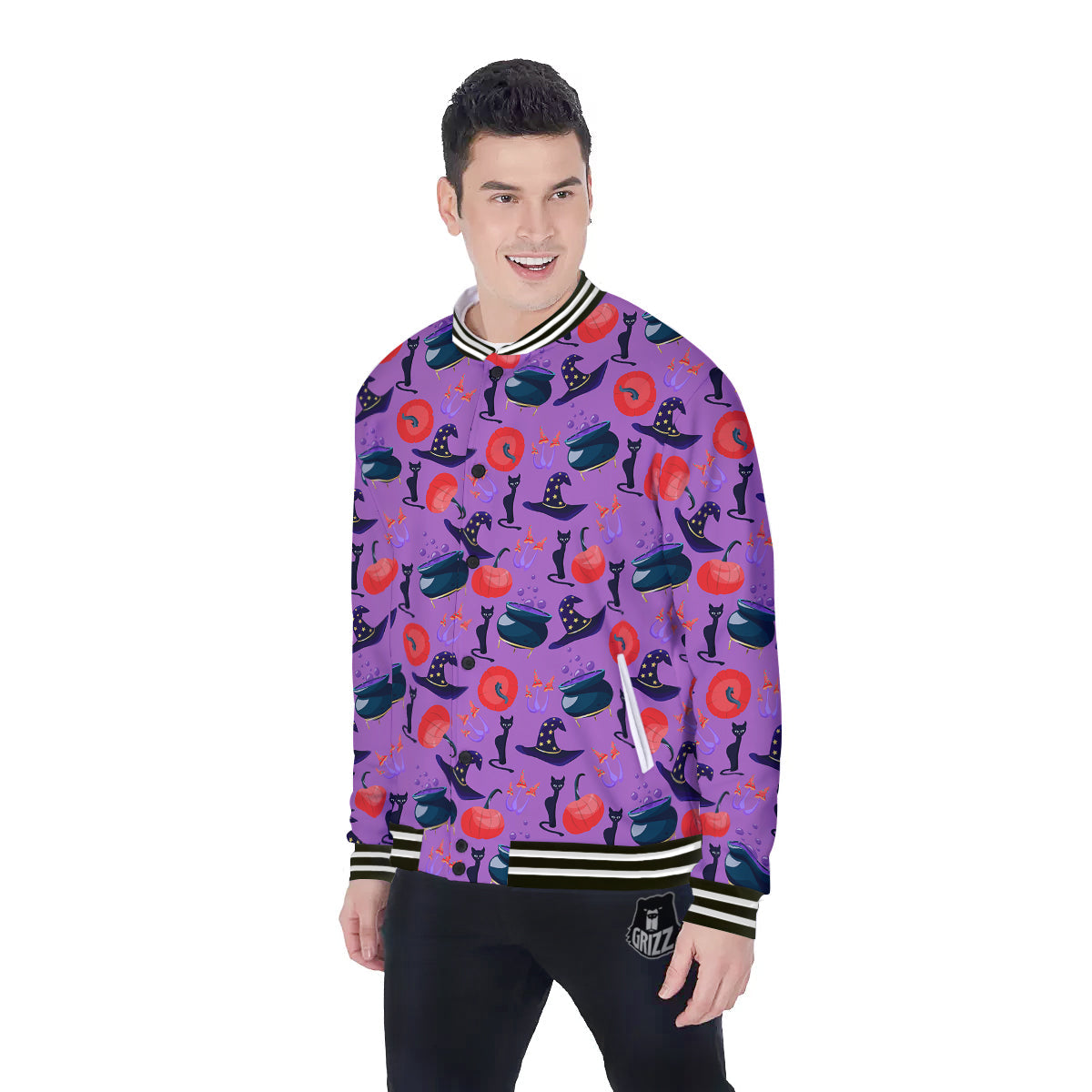 Witch Cauldron Halloween Print Pattern Baseball Jacket-grizzshop