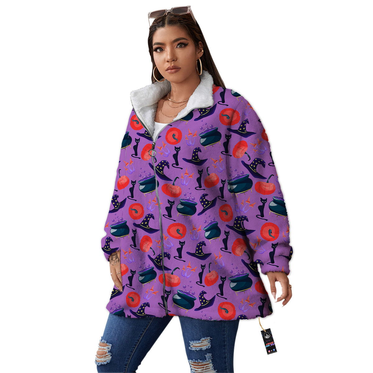 Witch Cauldron Halloween Print Pattern Women's Sherpa Jacket-grizzshop