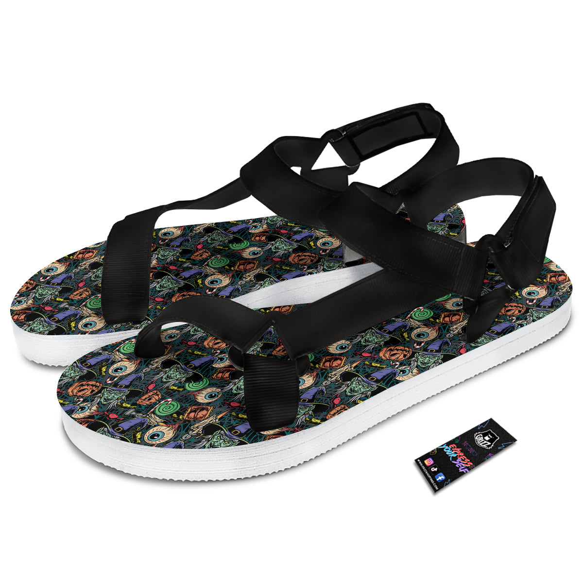 Witch Halloween Elements Print Pattern Black Open Toe Sandals-grizzshop