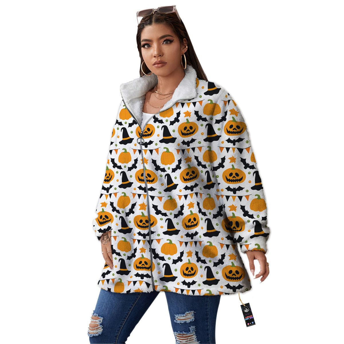 Witch Hat Halloween Print Pattern Women's Sherpa Jacket-grizzshop