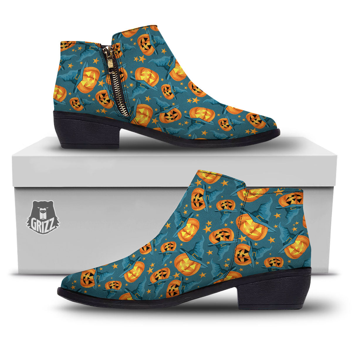 Witch Hat Pumpkin Print Pattern Ankle Boots-grizzshop