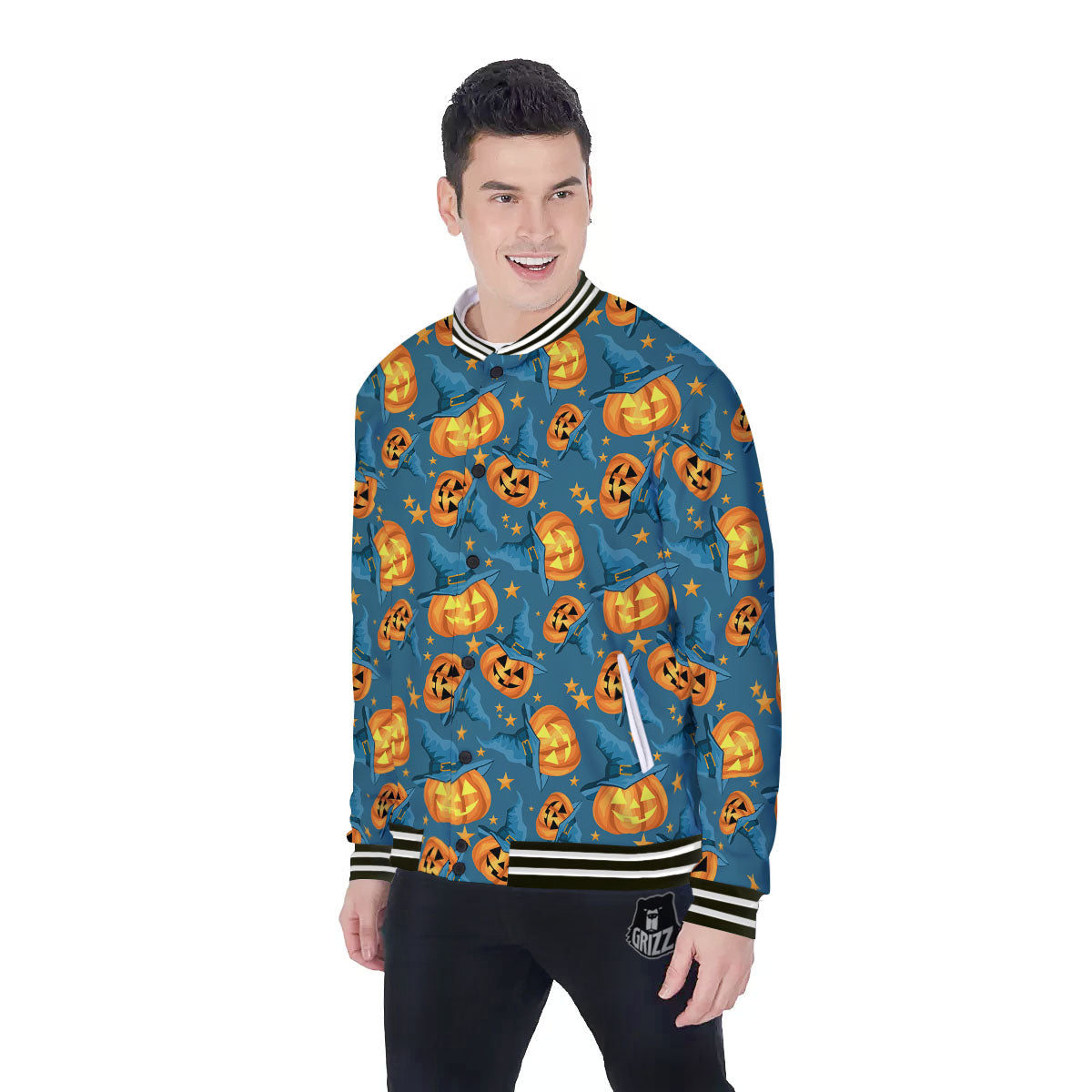 Witch Hat Pumpkin Print Pattern Baseball Jacket-grizzshop