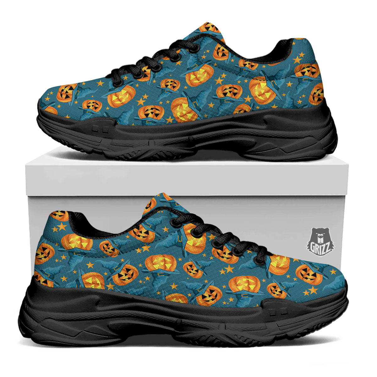 Witch Hat Pumpkin Print Pattern Black Chunky Shoes-grizzshop