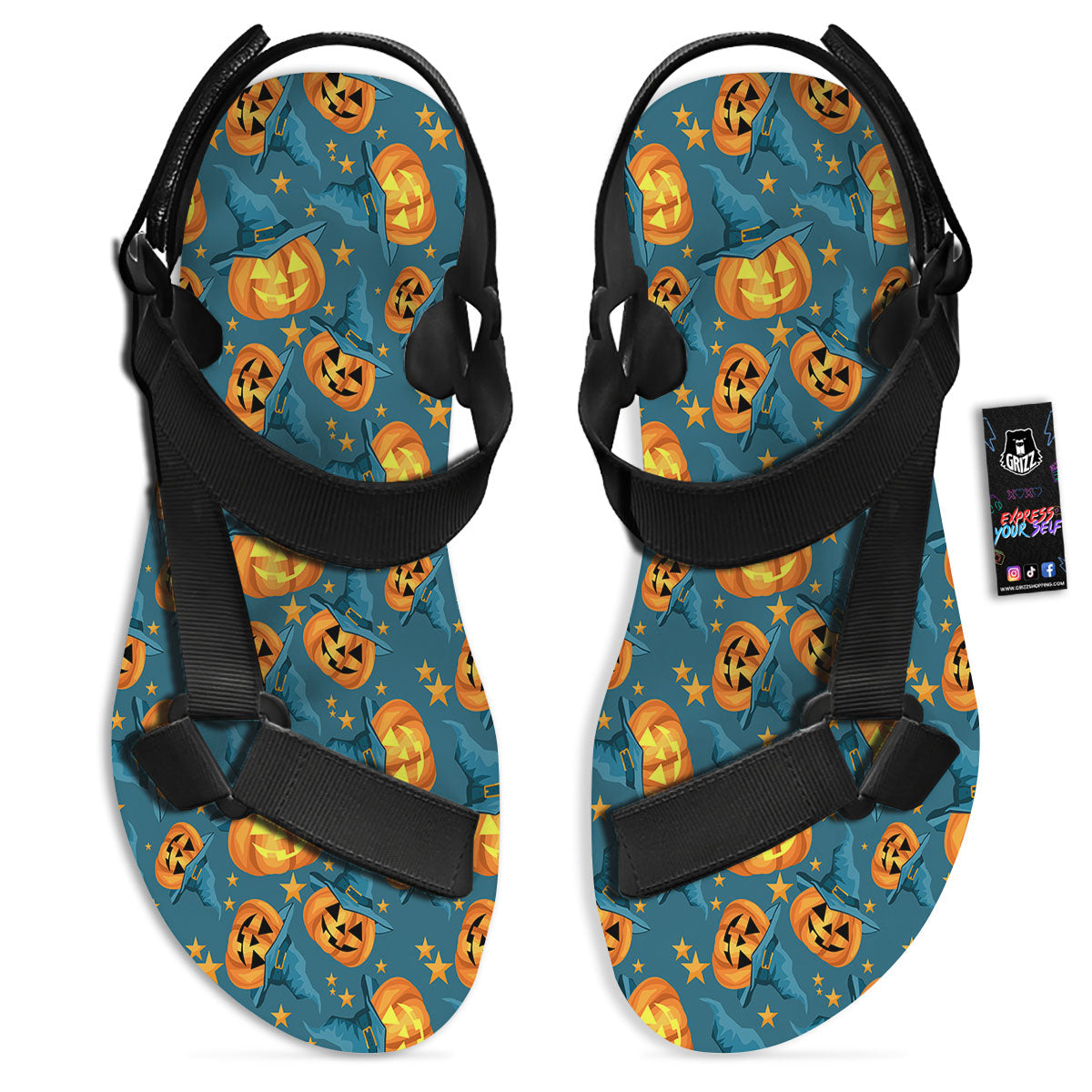 Witch Hat Pumpkin Print Pattern Black Open Toe Sandals-grizzshop
