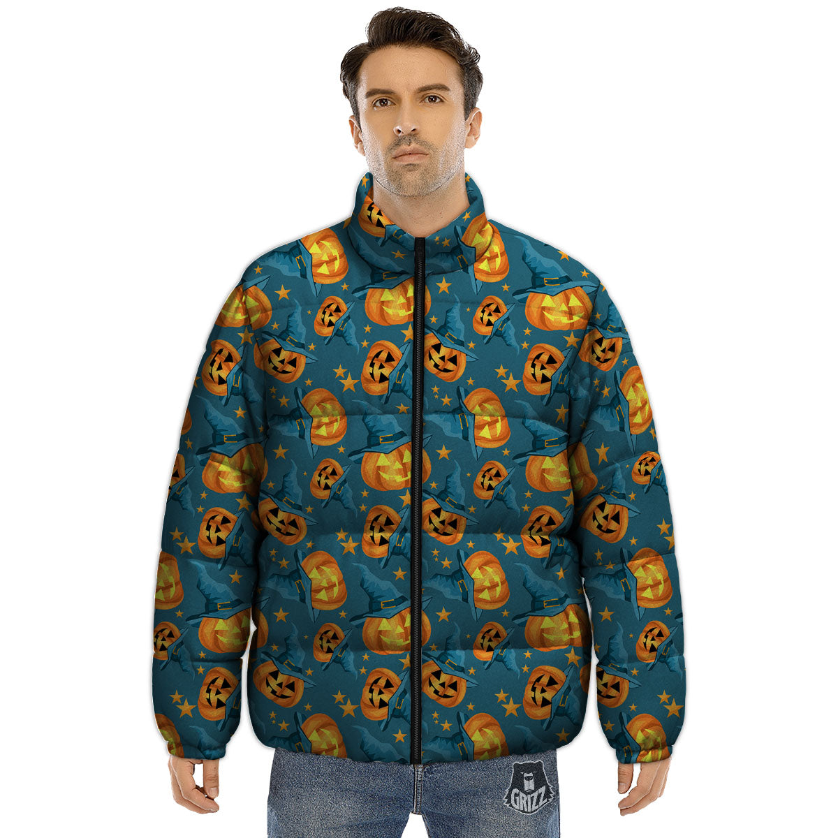 Witch Hat Pumpkin Print Pattern Puffer Jacket-grizzshop