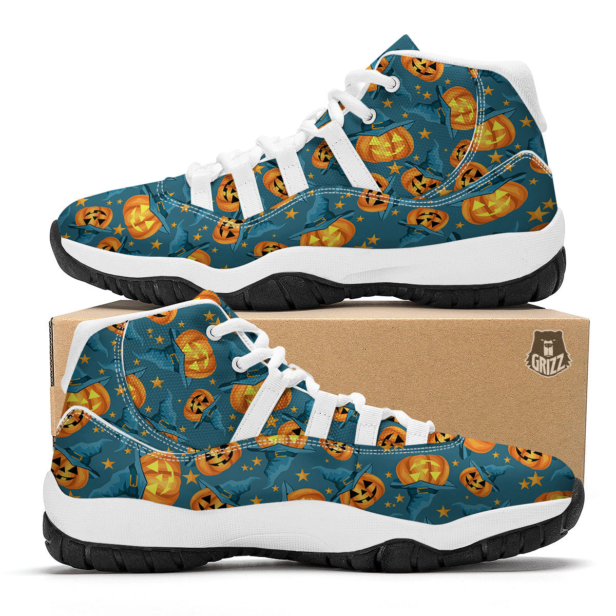 Witch Hat Pumpkin Print Pattern White Bball Shoes-grizzshop