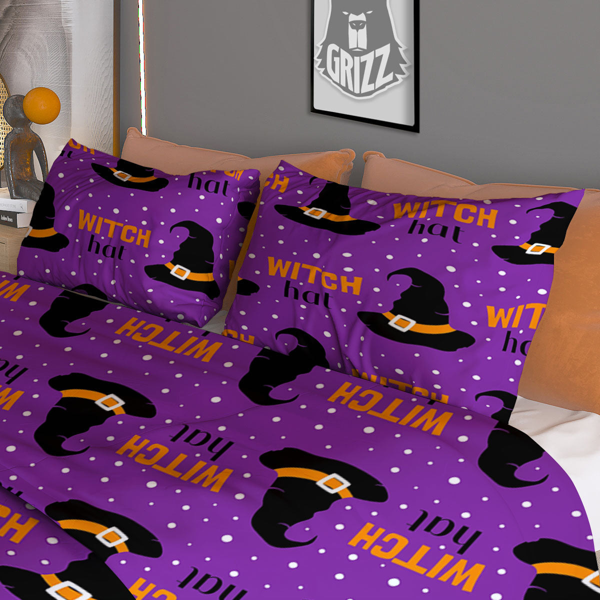 Witch Hat Purple Halloween Print Pattern Duvet Cover Bedding Set