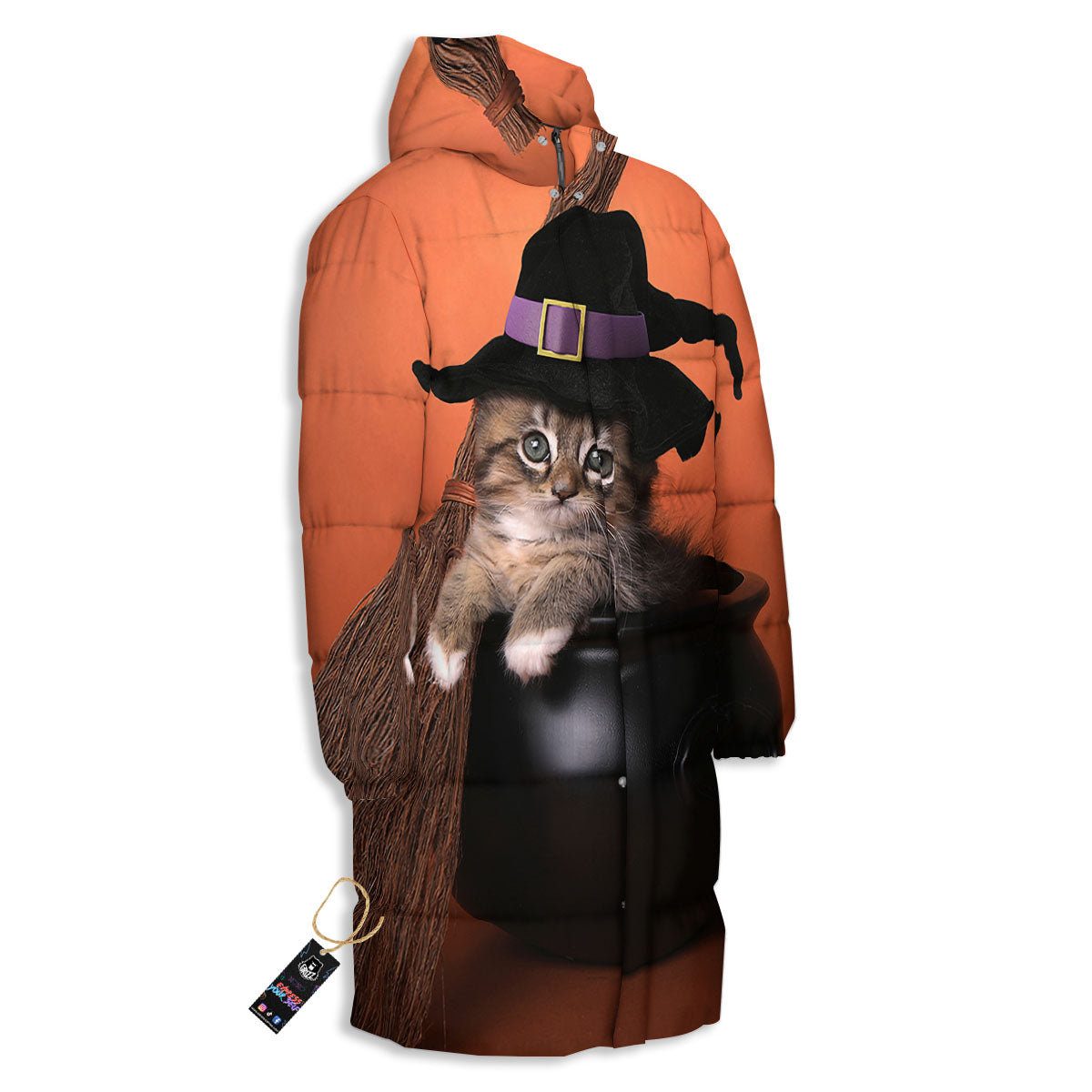 Witch Cat Halloween Cute Print Long Down Jacket