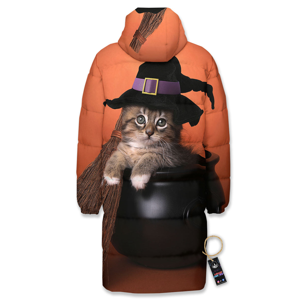 Witch Cat Halloween Cute Print Long Down Jacket