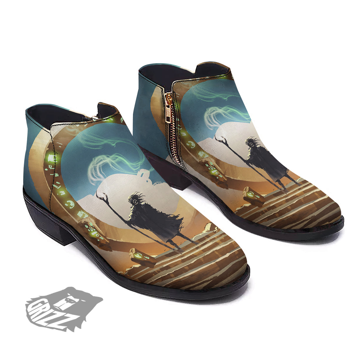 Wizard And Gate Print Ankle Boots-grizzshop