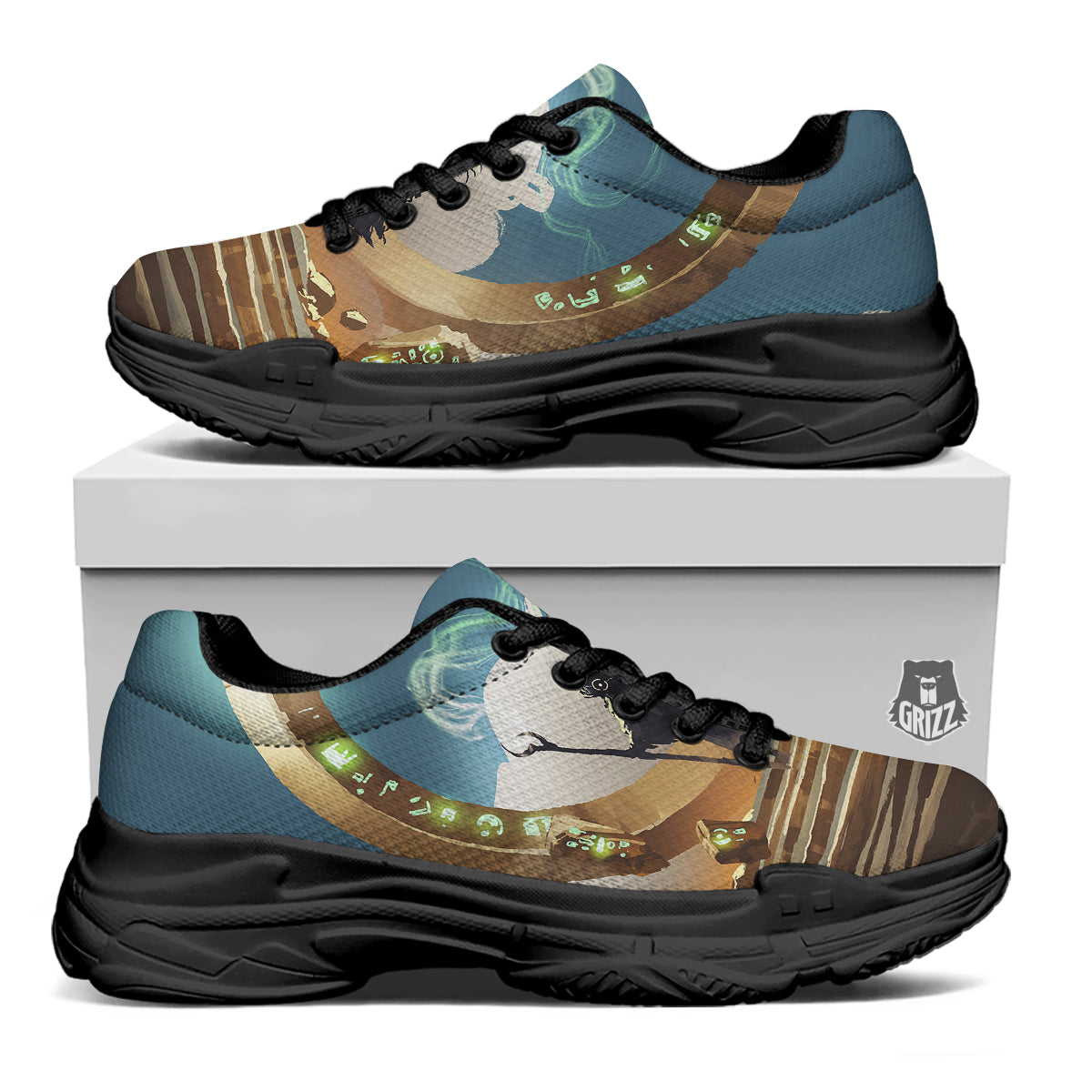 Wizard And Gate Print Black Chunky Shoes-grizzshop