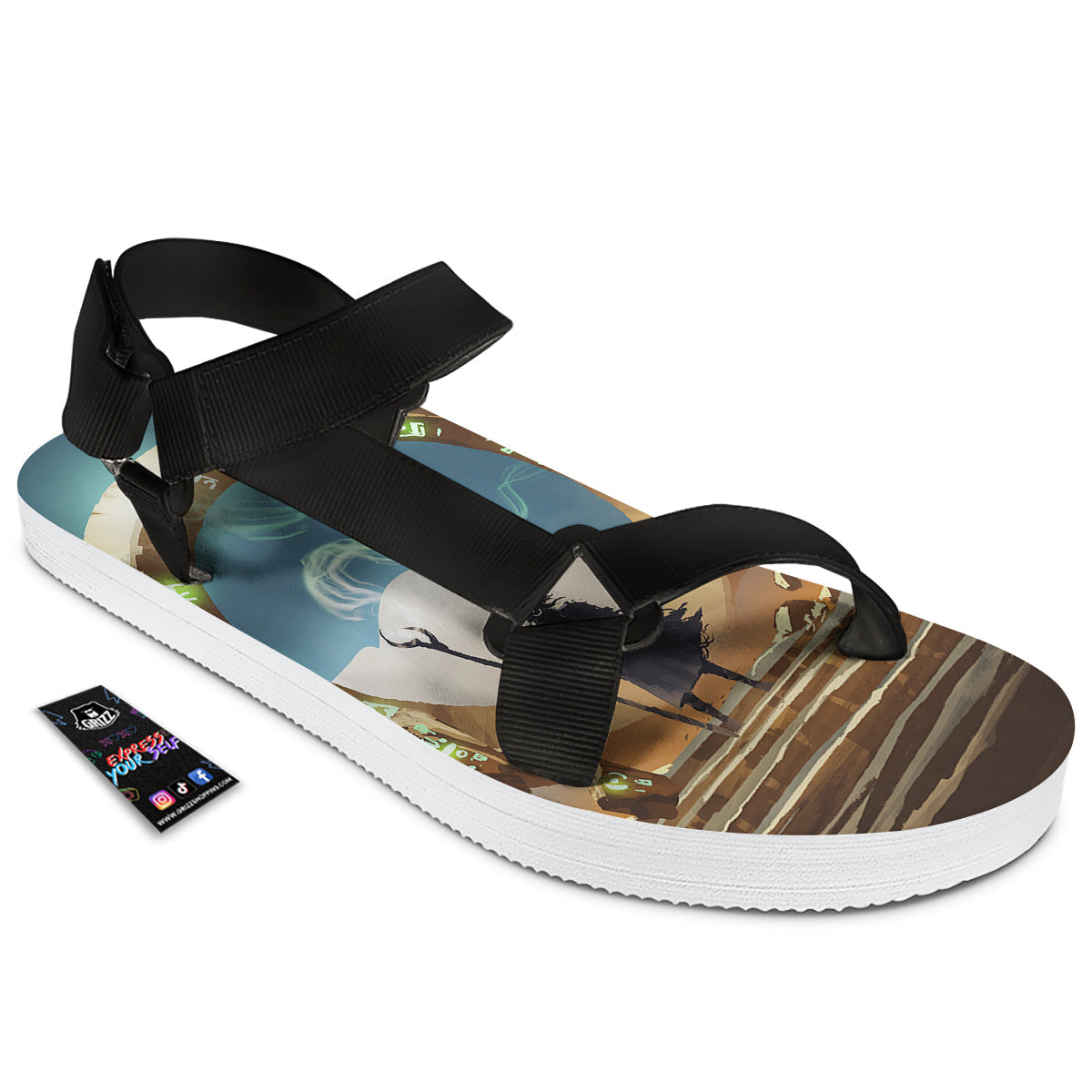 Wizard And Gate Print Black Open Toe Sandals-grizzshop