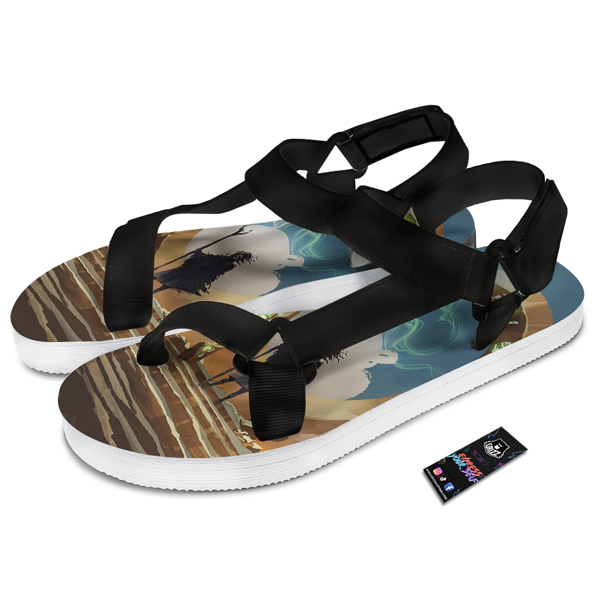 Wizard And Gate Print Black Open Toe Sandals-grizzshop