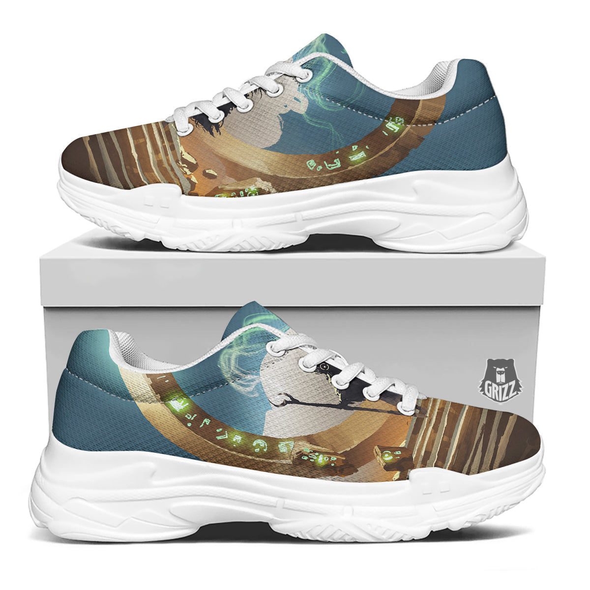 Wizard And Gate Print White Chunky Shoes-grizzshop
