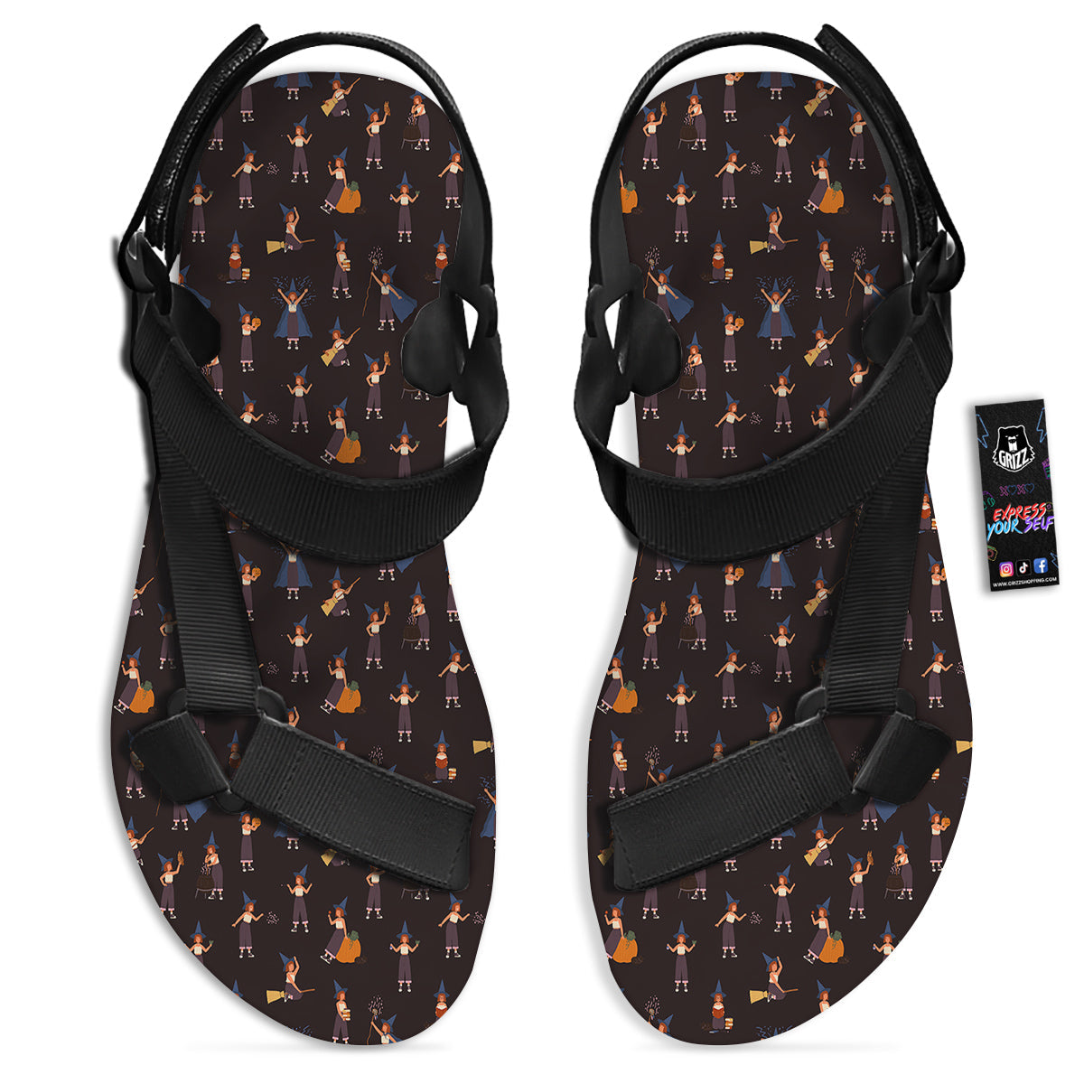 Wizard Cute Print Pattern Black Open Toe Sandals-grizzshop