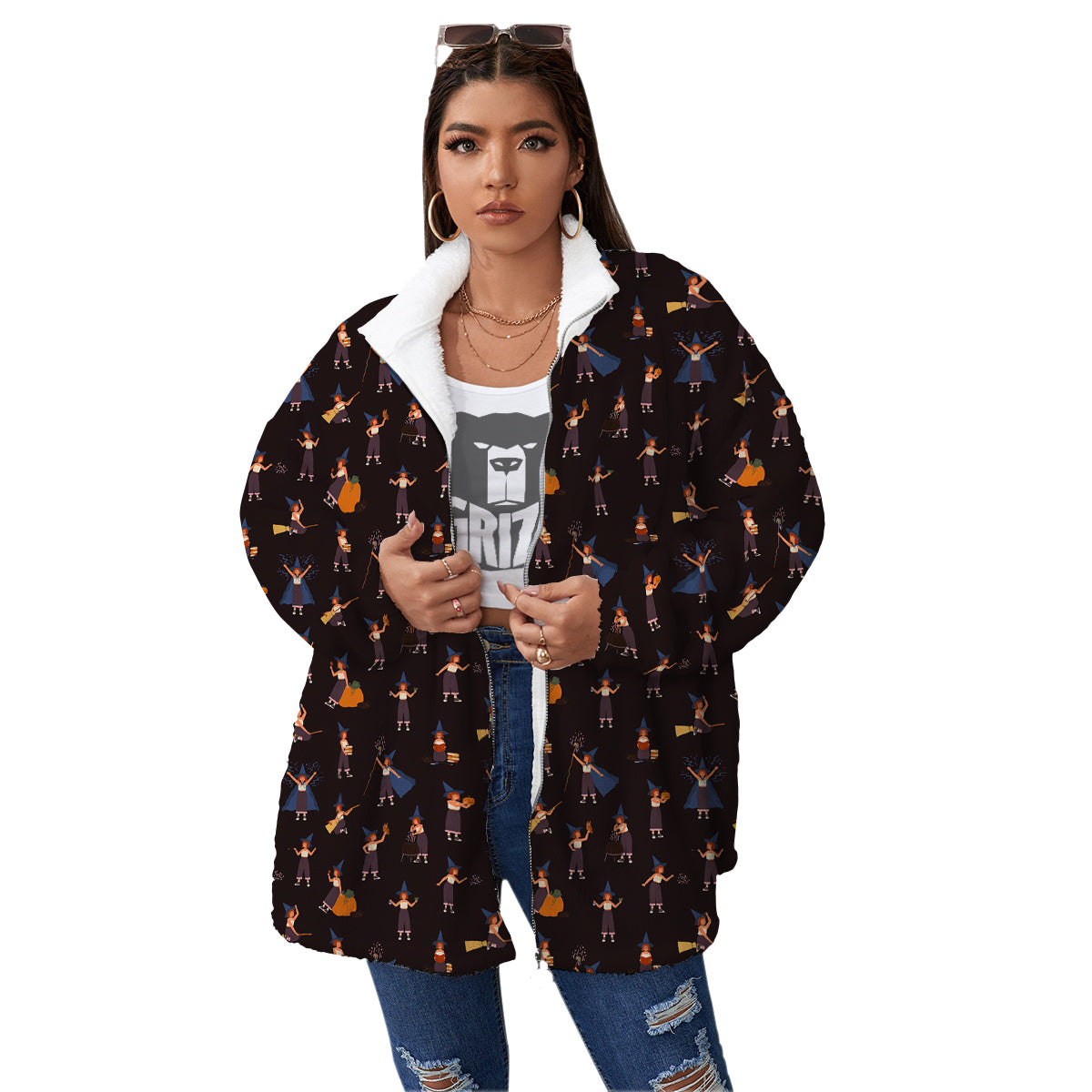 Wizard Cute Print Pattern Women's Sherpa Jacket-grizzshop