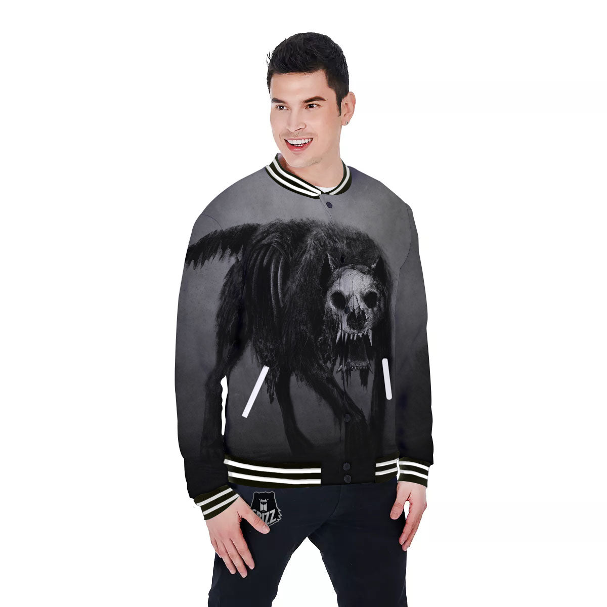 Wolf Black Demon Print Baseball Jacket-grizzshop
