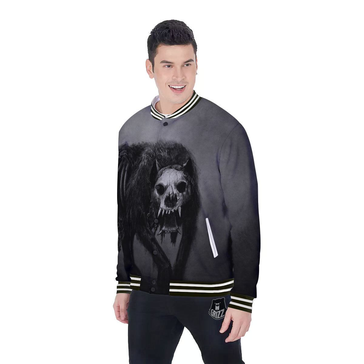 Wolf Black Demon Print Baseball Jacket-grizzshop