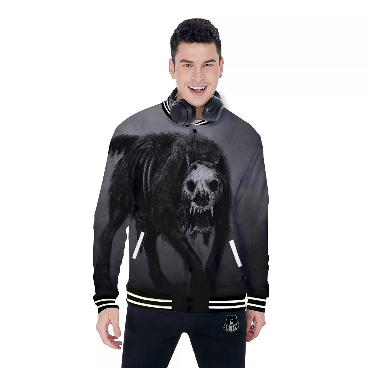 Wolf Black Demon Print Baseball Jacket-grizzshop