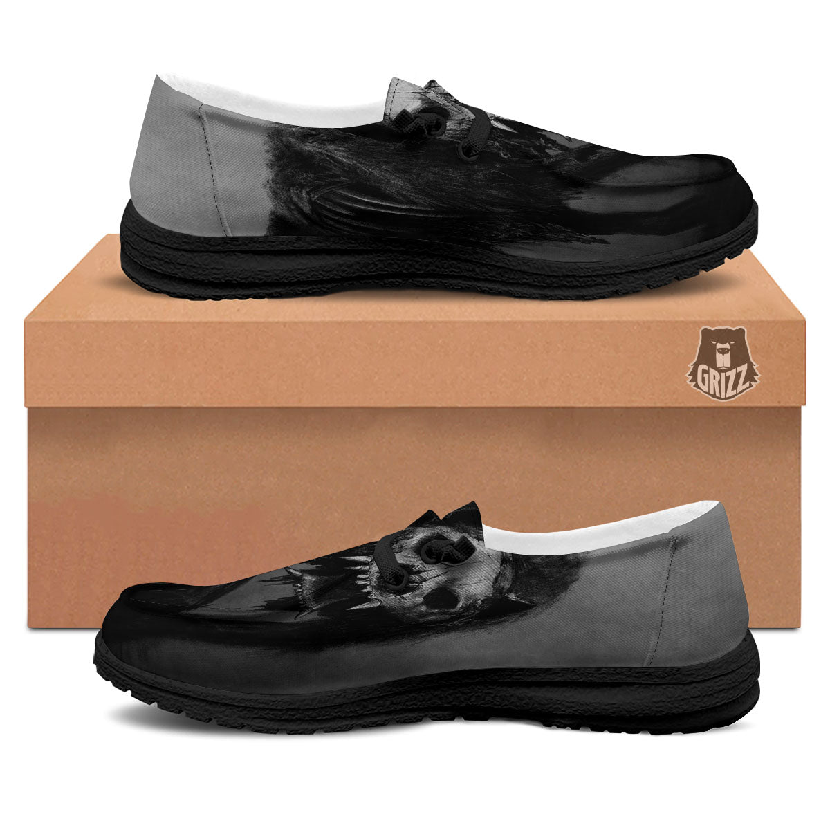 Wolf Black Demon Print Black Loafers-grizzshop