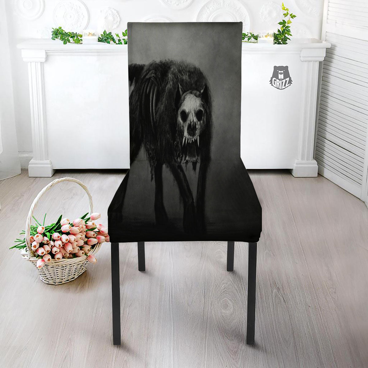 Wolf Black Demon Print Dining Chair Slipcover-grizzshop
