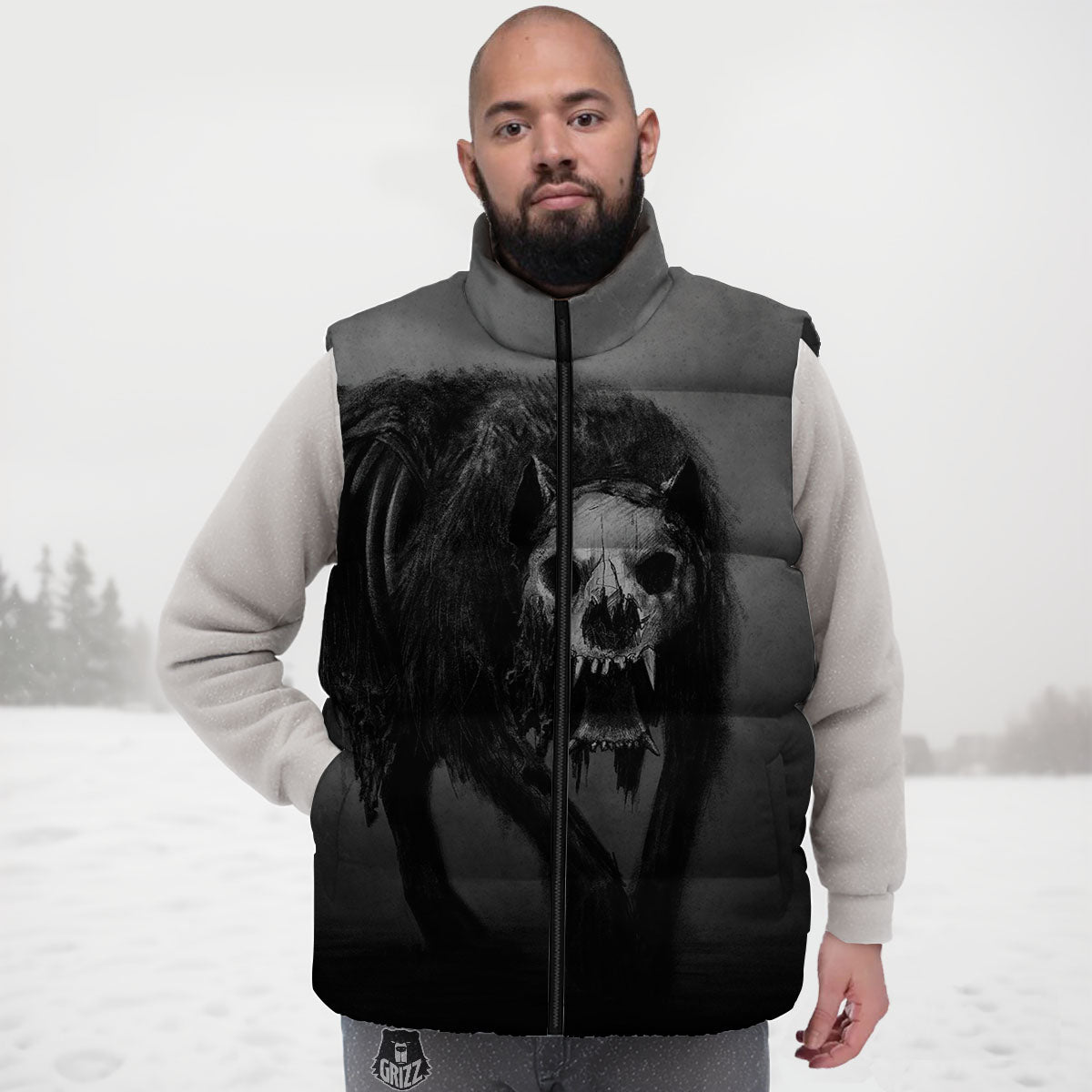 Wolf Black Demon Print Down Vest-grizzshop
