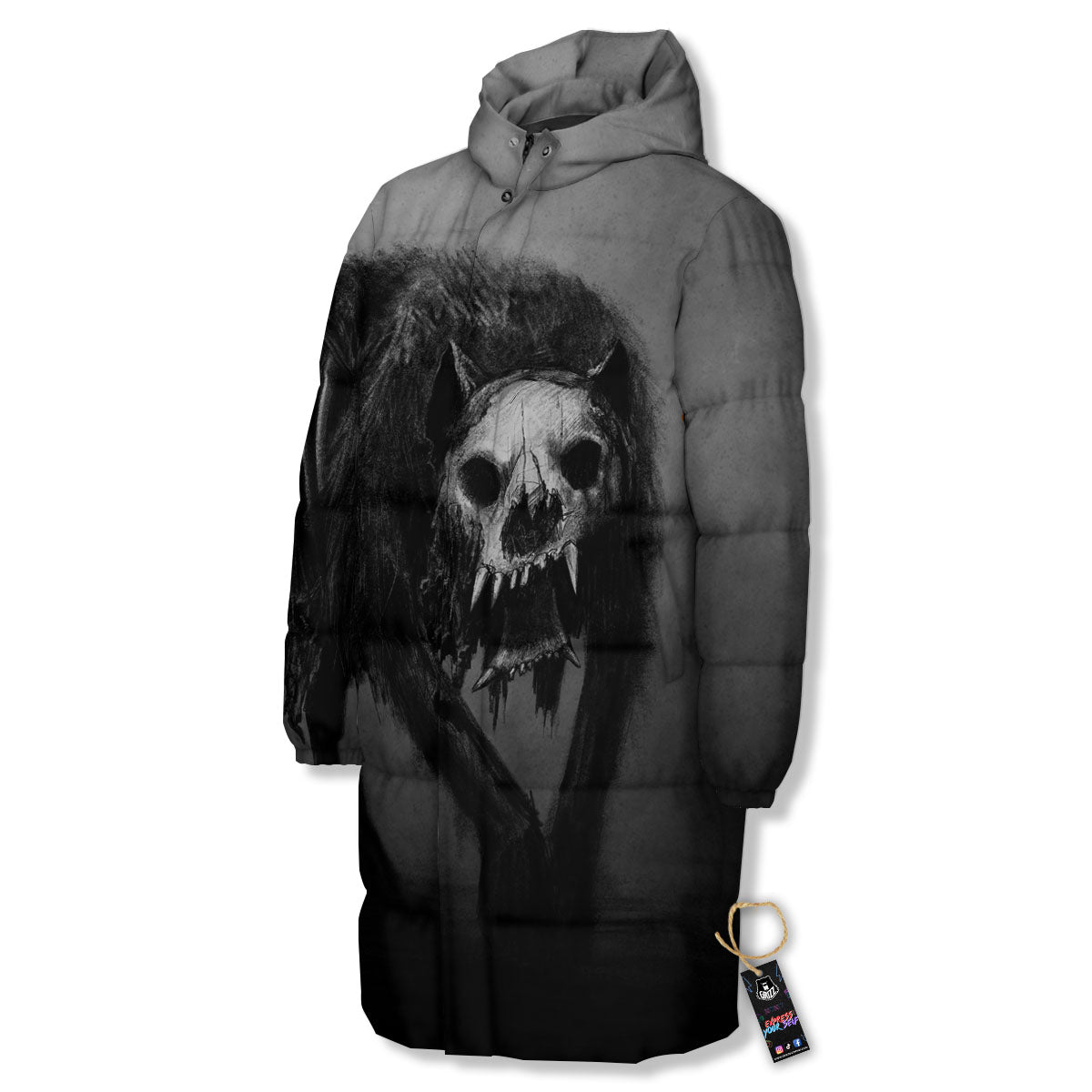 Wolf Black Demon Print Long Down Jacket-grizzshop