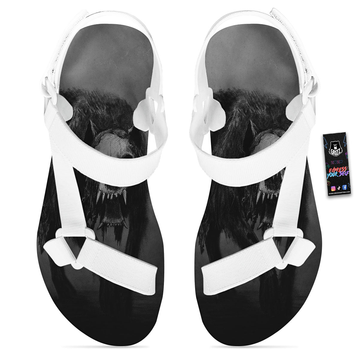 Wolf Black Demon Print White Open Toe Sandals-grizzshop