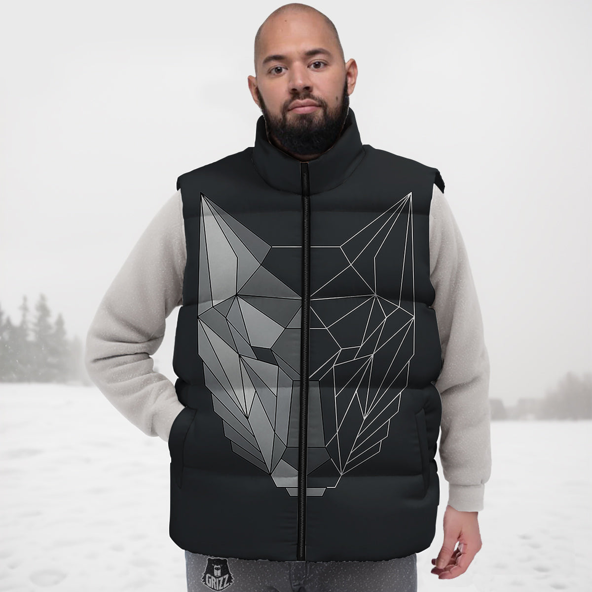 Wolf Geometric Dark Print Down Vest-grizzshop