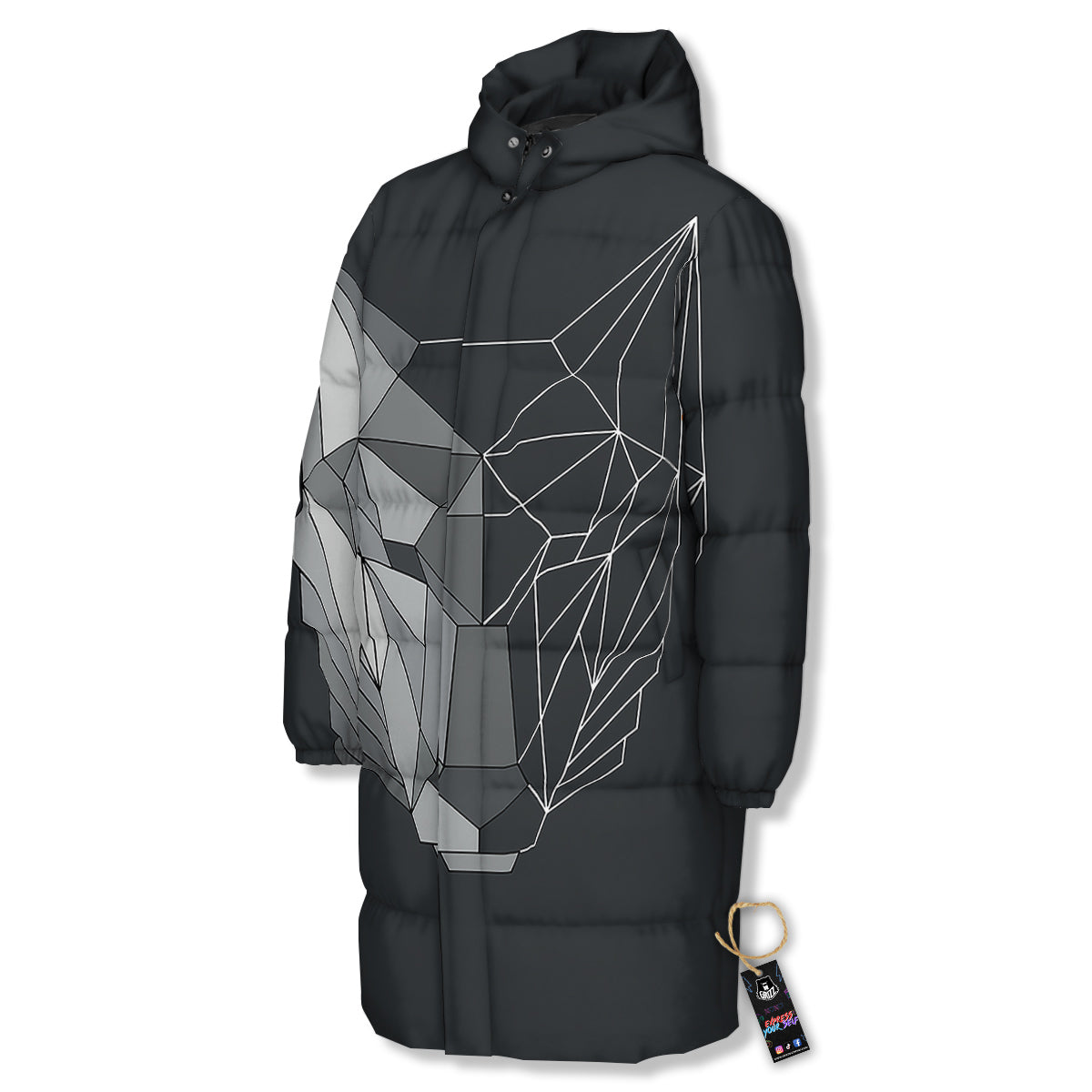 Wolf Geometric Dark Print Long Down Jacket-grizzshop