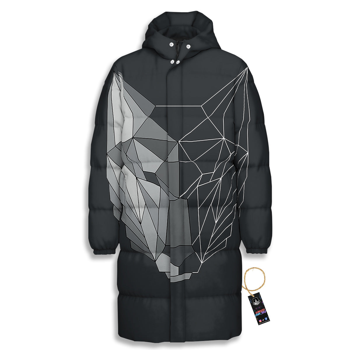 Wolf Geometric Dark Print Long Down Jacket-grizzshop