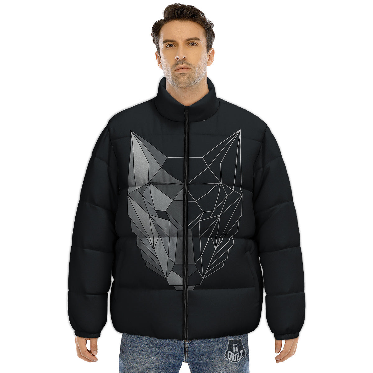 Wolf Geometric Dark Print Puffer Jacket-grizzshop