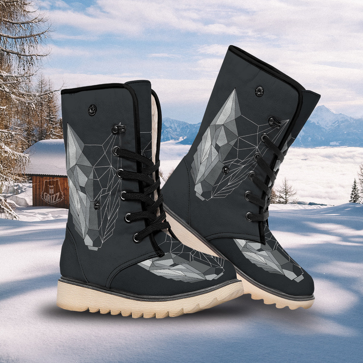 Wolf Geometric Dark Print Snow Boots-grizzshop
