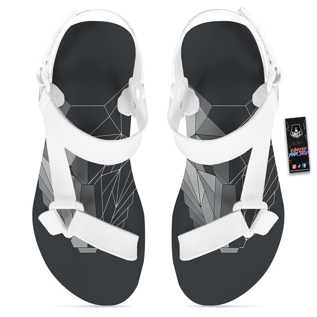 Wolf Geometric Dark Print White Open Toe Sandals-grizzshop