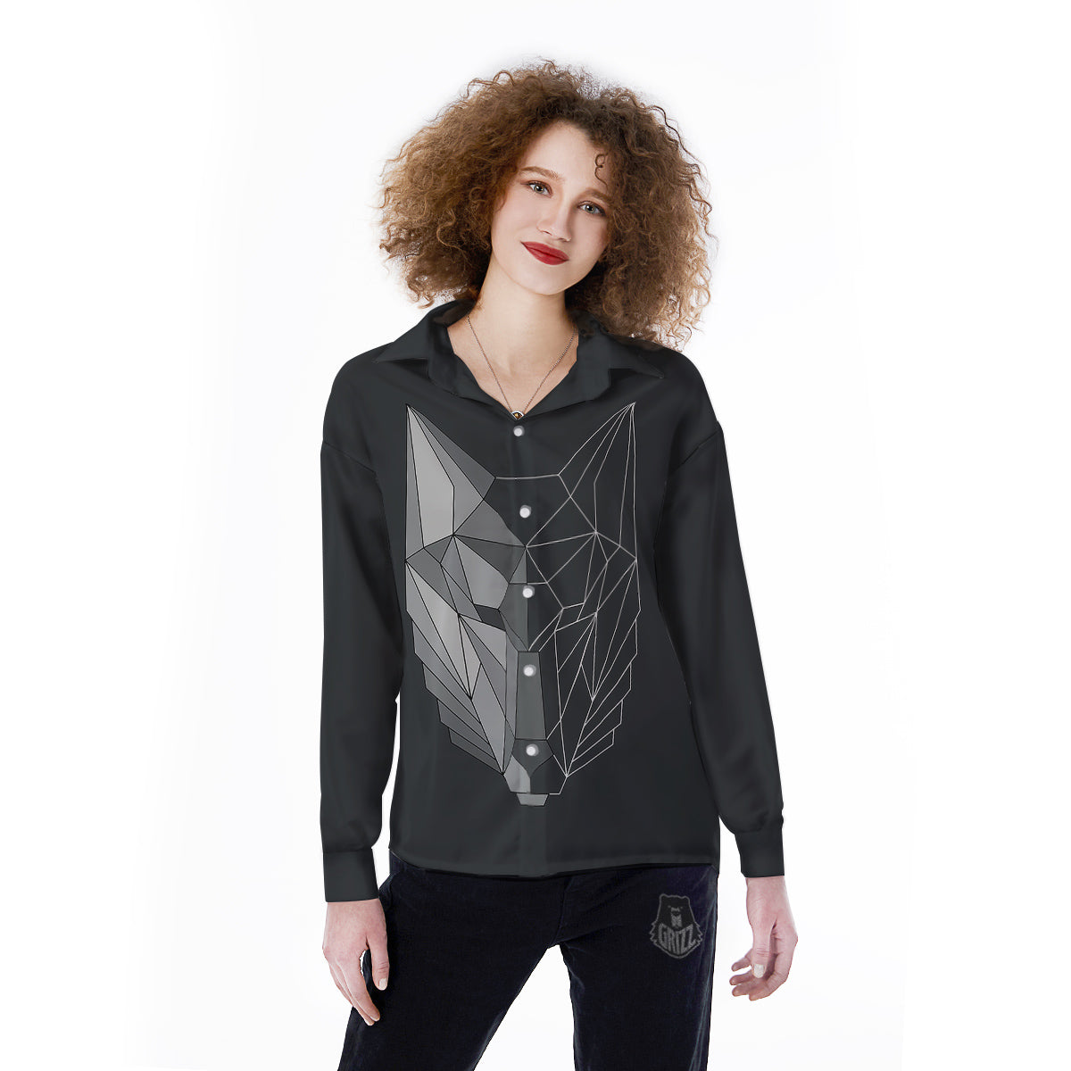Wolf Geometric Dark Print Women's Long Sleeve Shirts-grizzshop