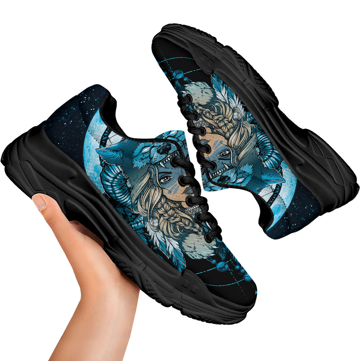 Wolf Girl Native American Print Black Chunky Shoes-grizzshop
