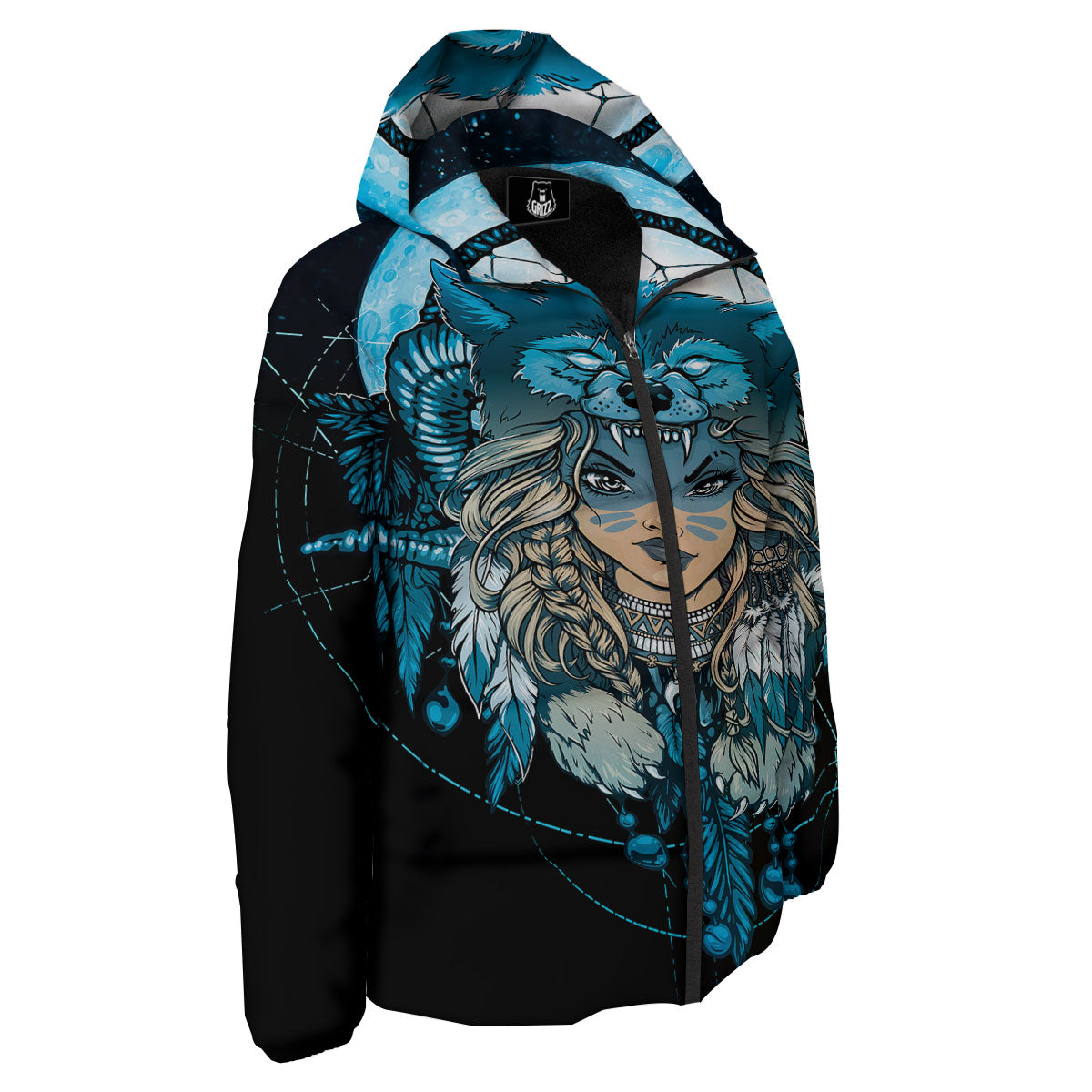 Wolf Girl Native American Print Down Jacket-grizzshop