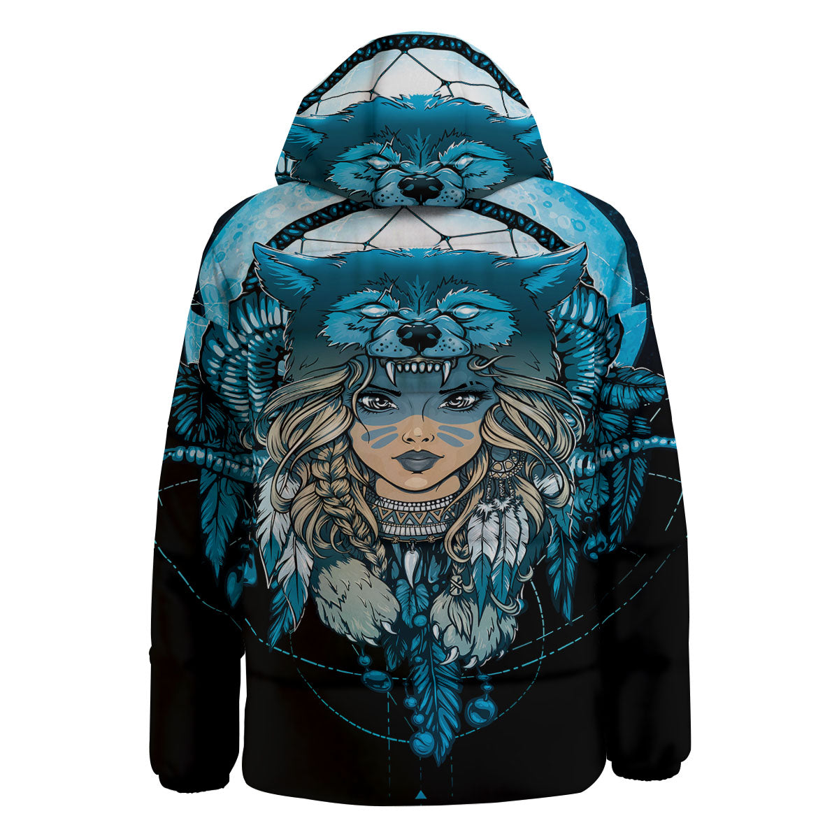 Wolf Girl Native American Print Down Jacket-grizzshop