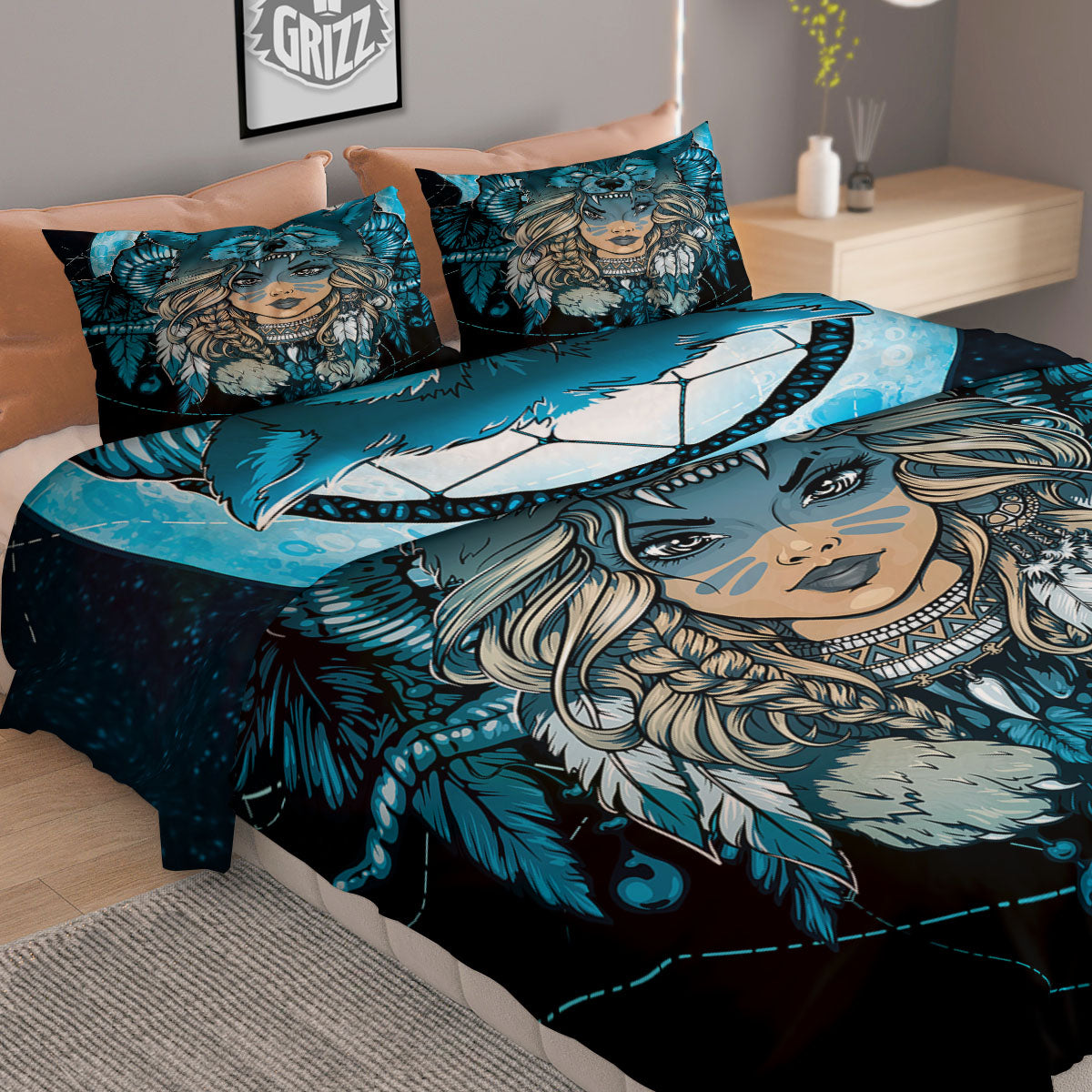 Wolf Girl Native American Print Duvet Cover Bedding Set